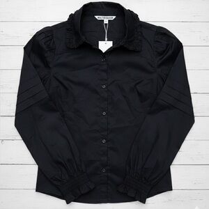 NWT Walter Baker Black Puff Sleeve Ruffle Collar Button Down Blouse Shirt Small